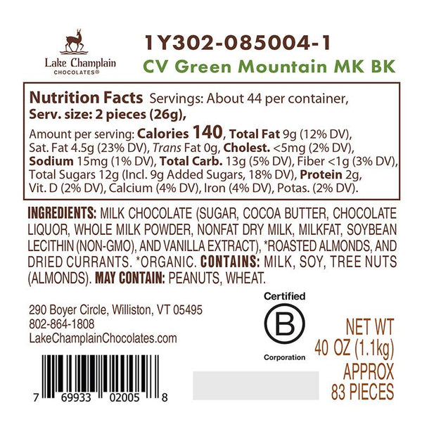 Lake Champlain Chocolates - Chocolates of Vermont Green Mountain, Milk Choc - Bulk
