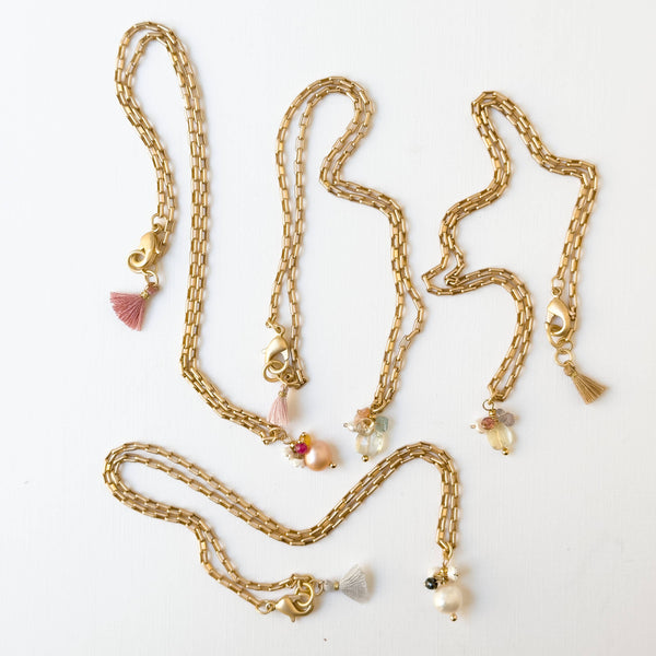 Nest Pretty Things - Gold Paperclip Chain Necklace with Pearls and teeny Flowers