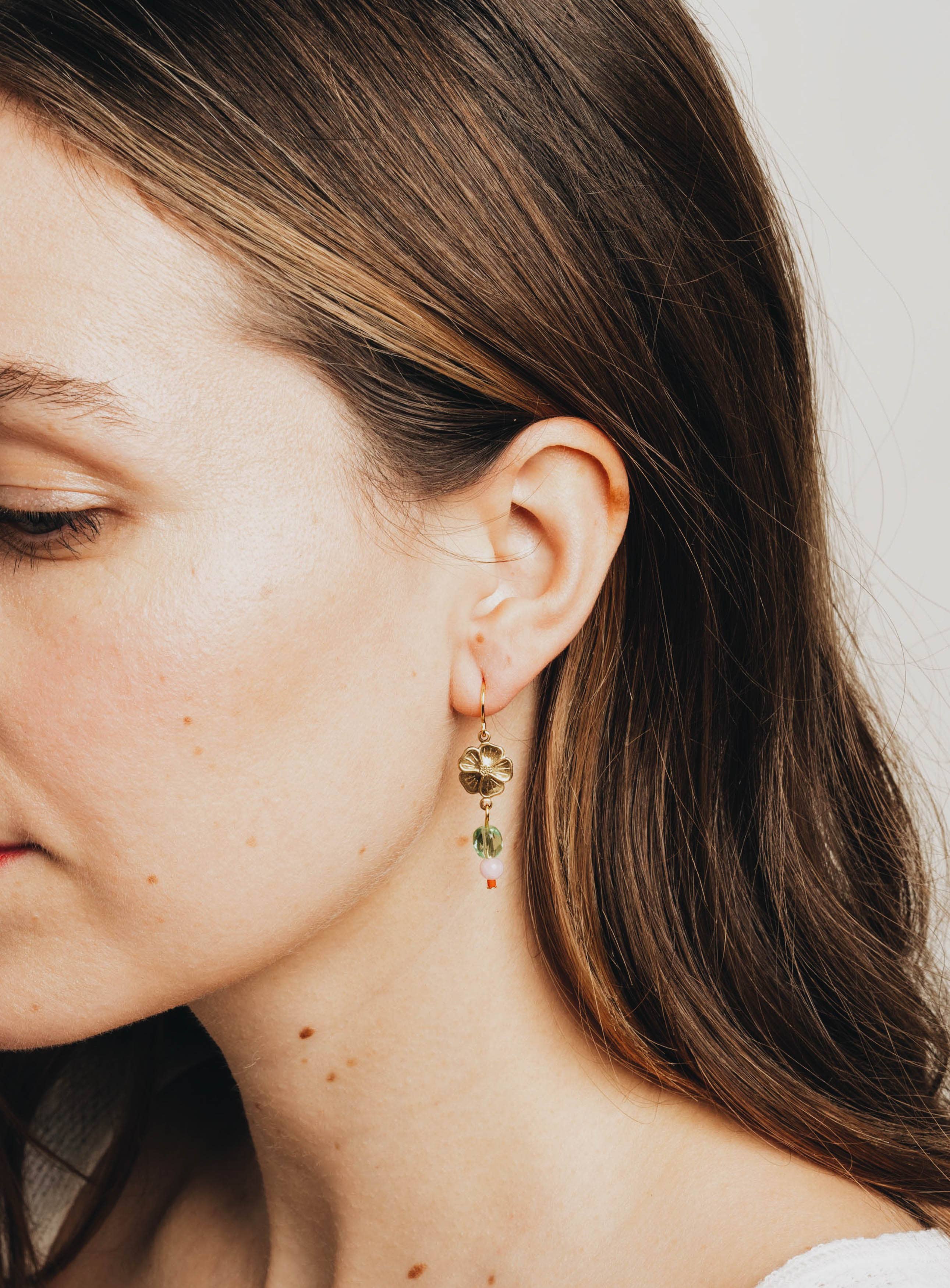Nest Pretty Things - Small Flower With Coral and Rose Quartz Bead Earrings