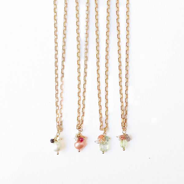Nest Pretty Things - Gold Paperclip Chain Necklace with Pearls and teeny Flowers