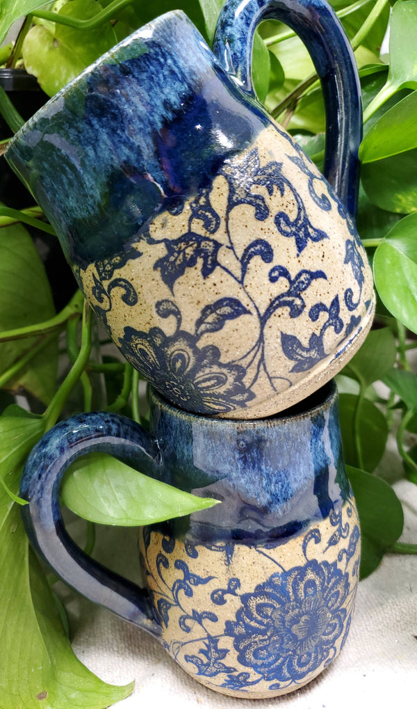 Turtle Hollow Pottery - Rustic Victorian Blue Floral Mug