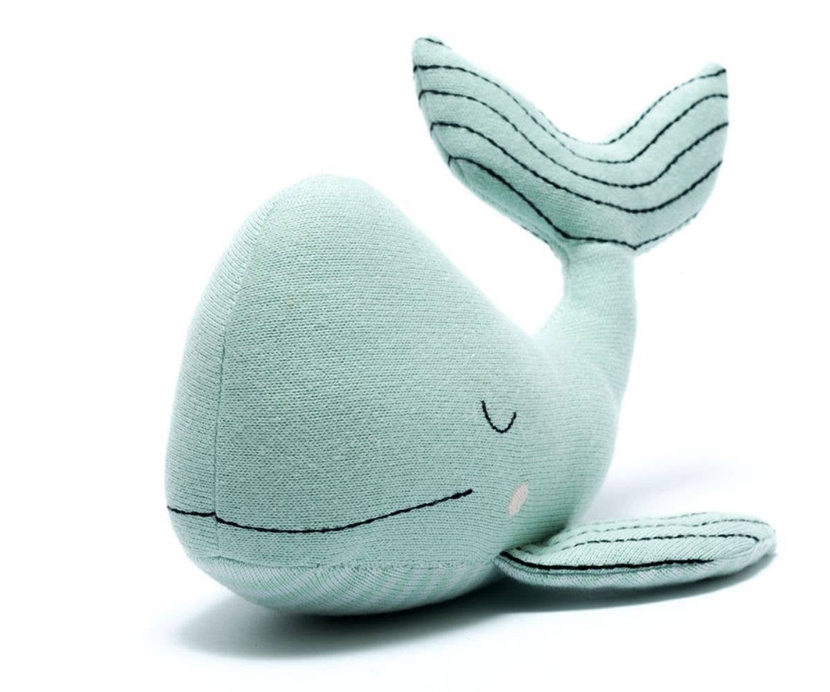 Tactile knitted organic cotton sea green whale plush toy