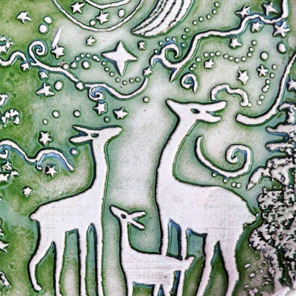 Clay Fossils - Handmade Pottery, Christmas, Deer family in bright green