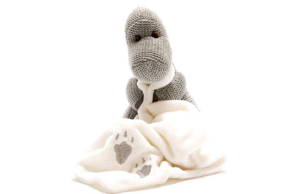Knitted Grey Diplodocus Dinosaur Toy With Comfort Blanket