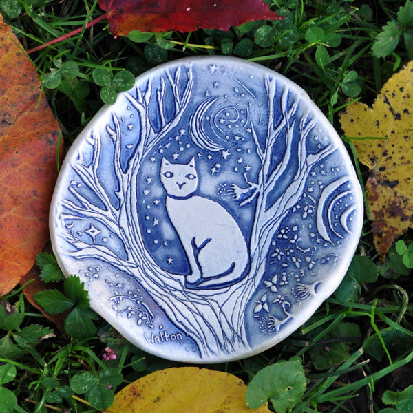 Clay Fossils - Handmade Pottery, Blue Cat in Tree, spoon rest, soap dish