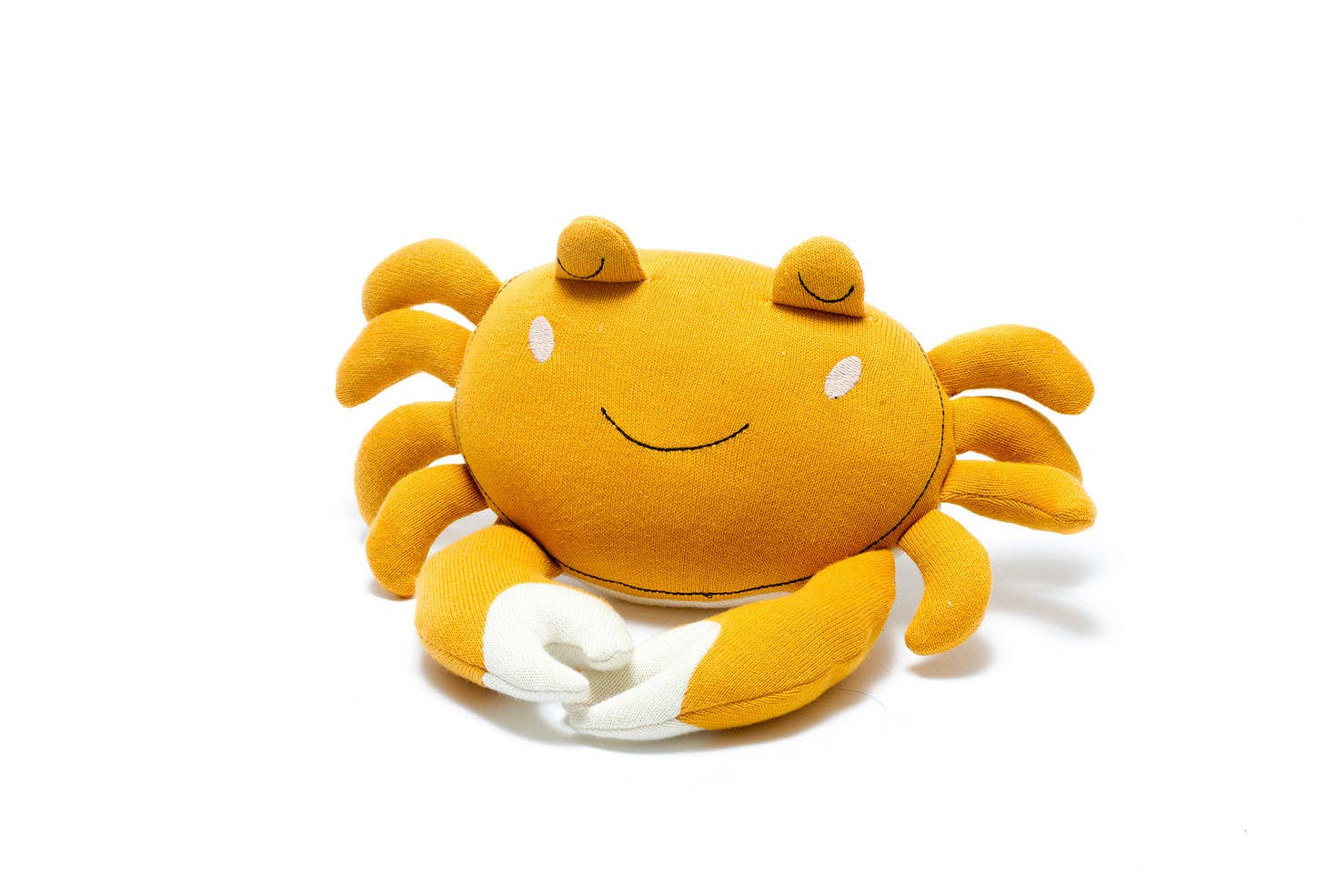 Tactile knitted organic cotton mustard crab plush toy