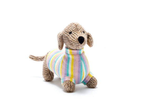 Knitted Sausage Dog Plush Toy with Pastel Jumper