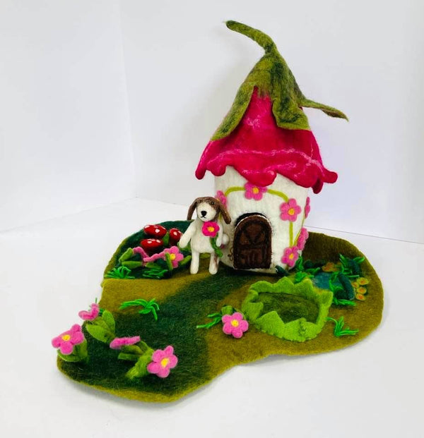 Felt Finger Puppet or Fairy House - Pink Cottage