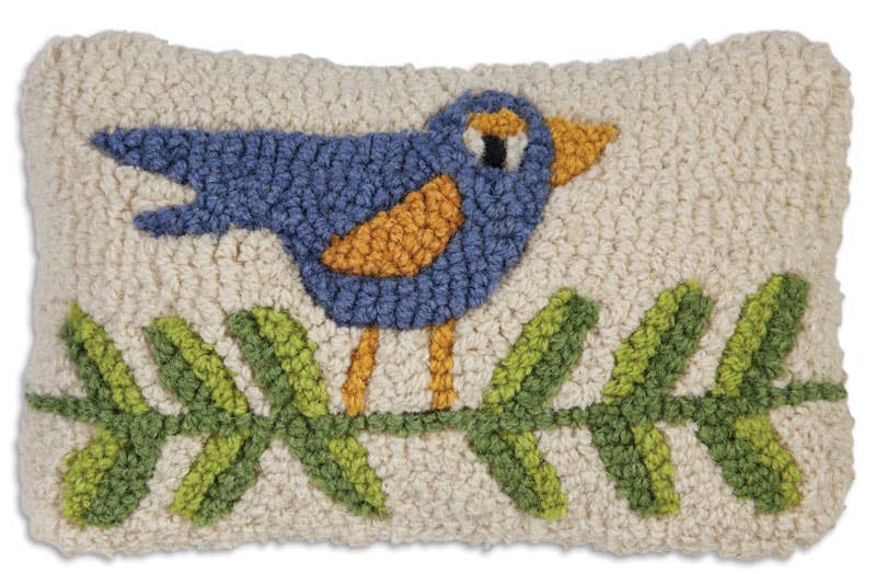 Chandler 4 Corners - Blue Bird on a Branch decorative 8x12” hooked wool pillow