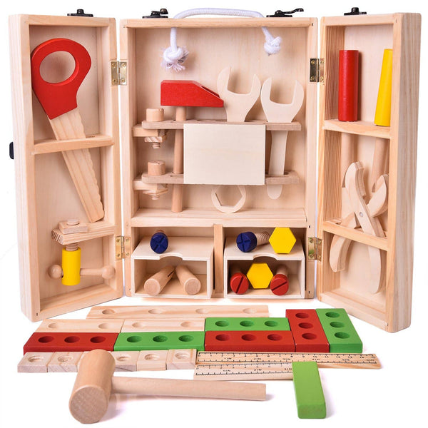 Fun Little Toys - Montessori-inspired 43 PCs Wooden Toy Tool Box Set for Kids